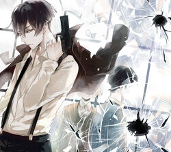  91_days avilio_bruno bakaroringu black_hair blonde_hair brothers bullet_hole glass glass_shards gun handgun indoors jacket jacket_removed luce_lagusa multiple_boys pistol shards siblings standing suspenders upper_body weapon window 