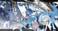  3girls arm_up black_gloves blue_eyes blue_hair breasts character_request cleavage dress floating_hair gloves green_eyes hair_between_eyes hair_intakes headgear highres holding holding_polearm holding_weapon kasuga_ayumu_(haruhipo) large_breasts long_hair looking_at_viewer midriff multiple_girls navel non-web_source novel_illustration official_art ore_twintail_ni_narimasu panties polearm small_breasts stomach tailblue twintails underwear very_long_hair weapon white_dress white_hair white_panties 