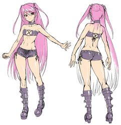  ass bare_legs bare_shoulders boots breasts butt_crack character_sheet collar curvy demon_girl felicia_(taimanin_kurenai) female female full_body gluteal_fold lilith-soft long_hair looking_at_viewer multiple_views partially_visible_vulva pink_hair pointy_ears red_eyes shiny shiny_skin simple_background small_breasts smile solo standing taimanin_(series) taimanin_asagi_battle_arena taimanin_kurenai thighs twintails very_long_hair white_background zol 