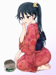  :p asymmetrical_hair bad_id bad_pixiv_id barefoot black_hair blue_bow blue_eyes blue_hair blush bow chopsticks commentary_request cup_ramen donbei_kitsune_udon eyebrows female floral_print full_body hair_ornament hair_scrunchie highres houshou_(kancolle) instant_udon japanese_clothes kantai_collection kimono legs_together licking licking_finger long_hair long_sleeves nijimoto_hirok nissin_donbei obi sash scrunchie seiza side_ponytail simple_background sitting sleeves_past_elbows soles solo tongue tongue_out very_long_hair white_background wide_sleeves 