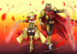  1boy aestus_estus ahoge arm_guards armor armored_boots armored_dress bare_shoulders belt blonde_hair boots braid breastplate breasts cape commentary_request crossover dress energy_sword epaulettes fate/extra fate_(series) female french_braid full_armor full_body gold_armor gold_trim green_eyes hair_intakes halterneck holding holding_sword holding_weapon kamen_rider kamen_rider_kiva kamen_rider_kiva_(emperor_form) kamen_rider_kiva_(series) kivat-bat_iii large_breasts lock nanbaba nero_claudius_(fate) nero_claudius_(fate/extra) padlock red_cape red_dress sword tokusatsu translation_request veil weapon zipper 