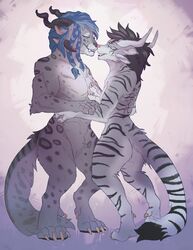  anthro blue_eyes blue_hair charr claws digitigrade duo eye_contact fangs felid female fur grey_body grey_fur guild_wars hair hi_res horn hug looking_at_another mammal markings multi_ear pink_nose pubes smile spots spotted_body spotted_fur striped_body striped_fur stripes teeth thestory toe_claws 