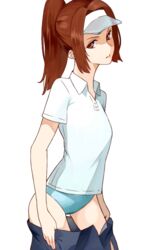  bad_id bad_pixiv_id black_skirt blue_panties brown_eyes brown_hair cicari clothes_pull collared_shirt female high_ponytail long_hair looking_at_viewer minamine_(ueno-san_wa_bukiyou) miniskirt panties polo_shirt scowl shirt short_sleeves side_slit simple_background skirt skirt_pull solo sportswear tennis_uniform ueno-san_wa_bukiyou underwear visor_cap white_background white_shirt 