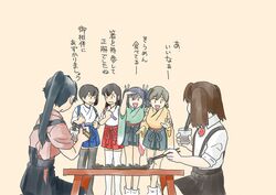  6+girls akagi_(kancolle) brown_hair chopsticks commentary eating food hakama hakama_short_skirt hakama_skirt highres hiryuu_(kancolle) houshou_(kancolle) japanese_clothes kaga_(kancolle) kantai_collection long_hair multiple_girls nantoka_maru noodles ryuujou_(kancolle) short_hair side_ponytail skirt soumen souryuu_(kancolle) tasuki translated 