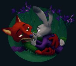  anthro avoid_posting black_background canid canine clothed clothing disney duo female flower fox fur grey_body grey_fur judy_hopps lagomorph leporid male mammal nick_wilde plant rabbit red_body red_fur rem289 simple_background stormspike zootopia 