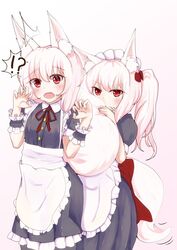  !? 2girls animal_ear_fluff animal_ears apron autumn_leaves_(tail_fox) blush commentary covering_face fox_ears fox_girl fox_tail frilled_cuffs hair_ribbon maid maid_apron maid_headdress medium_hair multiple_girls oerba_yun_fang original red_eyes red_ribbon ribbon side_ponytail surprised tail tail_grab tied_hair white_hair wrist_cuffs 