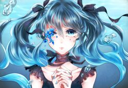  black_bow black_dress black_outfit blue_eyes blue_hair bow crying deep-sea_girl dress female female flower hair_ornament hairbow hands_clasped hatsune_miku highres long_hair looking_at_viewer nail_polish praying ribbon sad solo sona tied_hair twintails underwater vocaloid water 