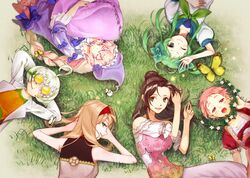  6+girls :d :o ;) ahoge arm_up arms_behind_head blue_bow blush bow braid brown_hair bug butterfly commentary_request covered_eyes from_above grass green_eyes green_hair green_neckwear hairband hat hugging_object kito_(kito_mozooo) long_braid long_sleeves lying mouth_hold multiple_girls on_back on_stomach one_eye_closed open_mouth orange_shirt original outdoors pillow pillow_hug pink_hair purple_hat red_eyes red_hairband shirt short_hair short_hair_with_long_locks short_sleeves sleeping sleeveless smile white_hair wreath 