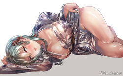  aqua_eyes aqua_hair bad_id bad_pixiv_id blush breasts commentary_request female floral_print flower gradient_background hair_between_eyes hair_flower hair_ornament hairclip japanese_clothes juurouta kantai_collection kimono large_breasts long_hair looking_at_viewer lying no_bra no_panties on_side open_mouth smile solo suzuya_(kancolle) twitter_username yukata 