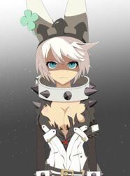  ahoge angry aqua_eyes arc_system_works breasts bunny_ears cleavage clover crybabyrabbit dress elphelt_valentine female four-leaf_clover guilty_gear guilty_gear_xrd guilty_gear_xrd:_revelator large_breasts looking_at_viewer shaded_face shiny shiny_skin short_hair solo spiked_collar spikes star starry_sky white_hair 