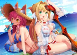  2girls aestus_estus animal_ear_fluff animal_ears bikini blonde_hair blue_bikini blue_sky bottle bracelet cloud commentary_request criss-cross_halter day earrings ears_through_headwear fate/grand_order fate_(series) fox_ears fox_girl fox_tail green_eyes halterneck hat innertube jewelry kaho_okashii looking_at_viewer multiple_girls necklace nero_claudius_(fate) nero_claudius_(swimsuit_caster)_(fate) nero_claudius_(swimsuit_caster)_(third_ascension)_(fate) ocean outdoors pink_hair see-through side-tie_bikini_bottom sitting sky straw_hat striped_bikini striped_clothes swim_ring swimsuit tail tamamo_(fate) tamamo_no_mae_(swimsuit_lancer)_(fate) water water_bottle yellow_eyes 