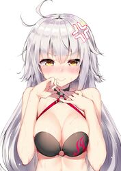  ahoge anger_vein angry bare_shoulders bikini black_bikini blush breasts closed_mouth commentary_request dombear fate/grand_order fate_(series) female grey_hair highres jeanne_d&#039;arc_alter_(fate) jeanne_d&#039;arc_alter_(swimsuit_berserker)_(fate) long_hair looking_at_viewer medium_breasts o-ring o-ring_top simple_background solo swimsuit tears upper_body wet white_background yellow_eyes 