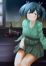  blue_eyes blue_hair blue_hakama blush bottle breasts commentary_request female futon glass green_kimono hair_ribbon hakama hakama_short_skirt hakama_skirt japanese_clothes kantai_collection kashiwamochi_(kashiwakashiwa) kimono medium_breasts night ribbon sitting skirt skirt_hold sliding_doors smile solo souryuu_(kancolle) tatami tray twintails 