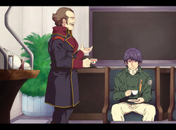  2boys brown_eyes brown_hair chair commentary_request cup facial_hair ginga_eiyuu_densetsu gundam gundam_unicorn indoors male_focus moustache multiple_boys open_mouth otto_mitas plant purple_eyes purple_hair saucer sitting smile standing tea teacup teapot uniform yang_wen-li yu(star)to 