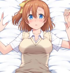  amane_hasuhito bad_id bad_pixiv_id bed_sheet blue_eyes blush breasts collared_shirt female hair_between_eyes hair_ribbon kosaka_honoka looking_at_viewer love_live! love_live!_school_idol_project lying medium_breasts ominous_shadow on_back on_bed one_side_up open_mouth orange_hair otonokizaka_school_uniform pov ribbon school_uniform shirt short_hair short_sleeves solo_focus summer_uniform sweatdrop sweater_vest upper_body 