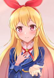  aikatsu! aikatsu!_(series) bad_id bad_pixiv_id blonde_hair blue_jacket blush brown_background closed_mouth commentary_request female fingernails hair_between_eyes hair_ribbon hairband hand_up hoshimiya_ichigo jacket long_hair long_sleeves red_eyes red_hairband red_ribbon ribbon rurukuru school_uniform shirt simple_background smile solo starlight_academy_school_uniform upper_body white_shirt 