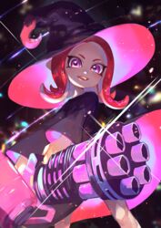  :d black_dress black_hat commentary_request dress female glint hat heavy_splatling_(splatoon) highres holding legs_apart long_hair long_sleeves looking_at_viewer octoling octoling_girl octoling_player_character open_mouth red_hair smile solo sparkle splatoon_(series) splatoon_2 standing tentacle_hair witch_hat yamagishi_chihiro 