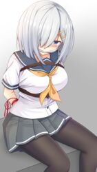  arms_behind_back bad_id bad_pixiv_id black_pantyhose blue_eyes blunt_ends blush bondage bondage bound bound_arms breasts buttons doyachii feet_out_of_frame female gag gagged grey_hair grey_skirt hair_ornament hair_over_one_eye hairclip hamakaze_(kancolle) highres kantai_collection large_breasts looking_at_viewer miniskirt neckerchief pantyhose pleated_skirt restrained sailor_collar school_uniform serafuku short_hair short_sleeves sitting skirt solo yellow_neckerchief 