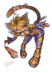  absurdres animal_ears aqua_eyes armor bandages bare_shoulders bell blonde_hair blue_eyes breasts cat_ears cat_girl cat_tail commentary_request daena feathers female furry furry_female gloves highres legend_of_mana looking_at_viewer mini_wings nunchaku open_mouth sandals seiken_densetsu short_hair simple_background slit_pupils smile solo tail tamanosuke weapon white_background wings 