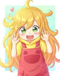  :d ahoge amaama_to_inazuma aqua_background blonde_hair blush commentary_request female green_eyes hands_up heart inuzuka_tsumugi lilium443 lolicon long_hair looking_at_viewer messy_hair open_hands open_mouth overalls shirt short_sleeves simple_background smile solo yellow_shirt 