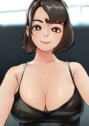  absurdres bare_shoulders black_one-piece_swimsuit blurry blurry_background breasts brown_eyes brown_hair bunny_ayumi cleavage commentary_request female highres large_breasts looking_at_viewer one-piece_swimsuit real_life shirofugu short_hair smile solo swimsuit upper_body 