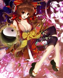  :d alternate_costume bad_deviantart_id bad_id bare_shoulders bike_shorts blizzomos bow breasts brown_hair cleavage collarbone commentary english_commentary female floral_print foreshortening full_body geta gohei hair_ornament hair_stick hair_tubes hairbow hakurei_reimu highres japanese_clothes large_breasts long_hair looking_at_viewer ofuda oonusa open_mouth print_shorts red_bow red_eyes shorts shorts_under_skirt smile solo touhou v-shaped_eyebrows yellow_bow yin_yang 