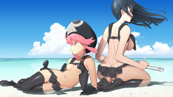  2girls ass back-to-back beach beanie belt belt_pouch black_hair blue_sky boots breasts chest_harness commentary_request day dimples_of_venus gun handgun harness hat holster horizon jakuzure_nonon katana kill_la_kill kiryuuin_satsuki knee_boots large_breasts light_smile long_hair lying multiple_girls naked_belt navel no_panties nudist_beach_uniform ocean on_side outdoors partially_submerged petite pink_eyes pink_hair pouch revealing_clothes scabbard seiza sheath sheathed shoulder_holster sidelocks sitting skull_print sky small_breasts summer sword thick_eyebrows thigh_boots thighhighs utility_belt water weapon wind wind_lift yas66 