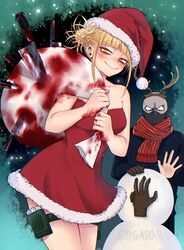  1boy antlers bare_shoulders blonde_hair blood bloody_knife bloody_weapon blush boku_no_hero_academia bubaigawara_jin dress female fur-trimmed_dress fur_trim hat holding horns knife messy_hair nashimo_(artist) red_dress sack santa_costume santa_hat sleeveless sleeveless_dress smile strapless strapless_dress thigh_strap toga_himiko weapon yellow_eyes 