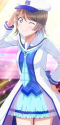  anchor_symbol birthday blue_eyes blue_neckerchief blue_skirt commentary_request earrings female grey_hair hand_on_own_hip hat jacket jewelry kazuma_(theworld000021) long_jacket long_sleeves looking_at_viewer love_live! love_live!_sunshine!! mirai_no_bokura_wa_shitteru_yo neckerchief plaid_neckerchief pleated_skirt sailor_hat saitou_shuka salute short_hair sidelocks skirt solo swept_bangs voice_actor_connection watanabe_you white_jacket 