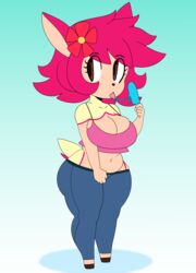  2019 absurd_res anthro ass big_breasts big_butt bottomwear breasts clothing crop_top curvy_figure deer deerling dessert female flower food generation_5_pokemon hair hi_res hooves horae_deerling ice_cream mammal nintendo pants plant pokemon pokemon_(species) pokemorph shirt short_hair short_stack simple_background solo somescrub spring_deerling thick_thighs topwear voluptuous wide_hips 