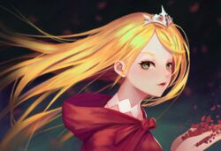  absurdres angelia_carlos bad_id bad_pixiv_id black_background blonde_hair commentary_request female green_eyes hand_up highres hood hood_down long_hair parted_bangs parted_lips penkake petals red_hood sdorica solo tiara upper_body 