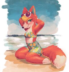  2020 animal_crossing anthro audie_(animal_crossing) bandeau beach bikini black_nose blonde_hair canid canine canis clothing countershade_face countershade_neck countershade_torso countershading day dipstick_tail eyewear eyewear_on_head female food_print fur hair hi_res high_waisted_bottomwear high_waisted_shorts high_waisted_swimwear jayji leg_markings mammal markings multicolored_tail nintendo orange_body orange_fur pinup pose retro sea seaside socks_(marking) solo sunglasses sunglasses_on_head swimwear tail tail_markings teal_eyes teal_inner_ear topwear water wolf 