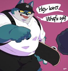  2022 absurd_res anthro belly big_belly bottomwear canid canine canis clothing domestic_dog english_text eyewear glasses hat headgear headwear hi_res humanoid_hands kemono male mammal overweight overweight_male shirt shorts simple_background skateboard solo_focus text tongue tongue_out topwear uokkom vehicle 