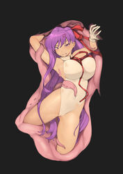  absurdres anger_vein annoyed bb_(fate) bb_(swimsuit_mooncancer)_(fate) breasts collared_leotard fate/grand_order fate_(series) female gloves highleg highleg_leotard highres inside_creature large_breasts leotard long_hair neck_ribbon popped_collar purple_eyes purple_hair red_ribbon restrained ribbon rou_(rou22) solo tentacle trapped vore white_gloves white_leotard 