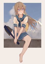  barefoot blonde_hair blue_eyes blue_neckerchief blue_sailor_collar blue_skirt closed_mouth cloud day female hair_between_eyes kantai_collection kkkhosuke long_hair neckerchief outdoors pleated_skirt prosthesis prosthetic_leg sailor_collar school_uniform serafuku shimakaze_(kancolle) short_sleeves sitting skirt sky solo 