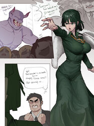  2boys absurdres black_hair black_jacket black_necktie breasts colored_skin demon_boy demon_horns dress english_text female formal fubuki_(one-punch_man) green_dress green_eyes green_hair highres horns jacket jewelry large_breasts multiple_boys muscular muscular_male necklace necktie one-punch_man people purple_skin sharp_teeth short_hair speech_bubble suit_jacket teeth thought_bubble very_short_hair wjs07 