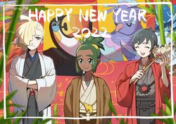  2022 3boys ahoge alternate_costume blonde_hair brown_jacket closed_mouth commentary_request dark-skinned_male dark_skin ear_piercing elio_(pokemon) framed gladion_(pokemon) green_eyes grey_kimono hair_over_one_eye hakama happy_new_year hau_(pokemon) holding jacket japanese_clothes kimono male_focus meowth mugiccha2 multiple_boys oricorio piercing pokemon pokemon_sm red_jacket short_hair smile themed_object toucannon white_jacket 