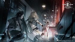  4girls ar-18_(girls&#039;_frontline) artist_request behind_another black_gloves black_hair black_jacket black_necktie black_pants blonde_hair bodysuit bottle breasts broken_glass ceiling_light closed_mouth coat colt_walker_(girls&#039;_frontline) commentary company_name cowboy_hat drone english_commentary erma_(girls&#039;_frontline) fingerless_gloves garrison_cap girls&#039;_frontline glass gloves grey_bodysuit grey_coat gun hair_between_eyes hair_ornament handgun hat headgear highres holding holding_gun holding_weapon jacket kneeling long_coat long_hair long_sleeves medium_breasts multiple_girls necktie nyto_(girls&#039;_frontline) official_art outstretched_arm outstretched_arms pants paradeus protecting serious shadow shirt skin_tight spoilers tareus_(girls&#039;_frontline) train train_interior trigger_discipline vent_(object) very_long_hair vial walking weapon white_hair white_jacket white_shirt window yellow_eyes 