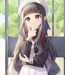  black_shirt blunt_bangs brown_hair cardcaptor_sakura chyoling closed_mouth daidouji_tomoyo day female grey_necktie hand_on_own_chin hat long_hair long_sleeves looking_at_viewer necktie outdoors pleated_skirt purple_eyes sailor_collar school_uniform serafuku shirt skirt smile solo tomoeda_elementary_school_uniform very_long_hair white_hat white_skirt 