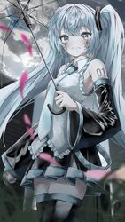  bad_id bad_pixiv_id bare_shoulders belt bird black_thighhighs blue_eyes blue_hair clenched_hand closed_mouth cloud collared_shirt commentary crying crying_with_eyes_open detached_sleeves female frown hair_ornament hatsune_miku holding holding_umbrella lace_trim legs_together long_hair long_sleeves looking_at_viewer looking_down makeup md5_mismatch miniskirt nail_polish necktie outdoors petals pleated_skirt runny_makeup shirt shirubaa skirt sleeveless solo tears thighhighs transparent transparent_umbrella twintails umbrella very_long_hair vocaloid zettai_ryouiki 