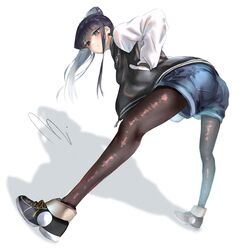  ass bent_over black_eyes black_hair black_pantyhose female hands_in_pockets highres komi-san_wa_komyushou_desu komi_shouko long_hair looking_at_viewer mitsugu pantyhose ponytail shorts solo 