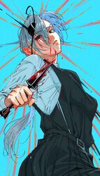  absurdres arrow_(projectile) belt black_eyes blood blood_from_eyes blue_background chainsaw_man collared_shirt commentary_request erupusai2 eyepatch female high-waist_pants highres holding holding_arrow lips long_hair looking_at_viewer one-eyed pants quanxi_(chainsaw_man) shaded_face shirt simple_background solo striped vertical_stripes white_hair white_shirt 