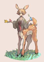  1boy :/ absurdres animal animal_ears bird bird_on_hand bow brown_background brown_hair centauroid collared_shirt daisy deer_boy deer_ears deer_tail flower full_body grass green_shirt highres holding holding_animal holding_bird hooves long_sleeves looking_at_viewer loose_clothes male_focus monster_boy multicolored_hair neckerchief orange_eyes original ribbon shima_(wansyon144) shirt short_hair simple_background solo streaked_hair tail taur two-tone_hair white_hair wide_sleeves 