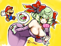  1boy awesomeerix bare_shoulders blue_overalls blush bow bow_(paper_mario) breasts brown_hair cleavage closed_mouth dress facial_hair feather_fan female ghost gloves hairbow hand_fan hat highres humanization large_breasts leaning_forward light_green_hair long_sleeves mario mario_(series) moustache oerba_yun_fang off-shoulder_dress off_shoulder open_mouth overalls paper_mario paper_mario_64 purple_dress red_headwear short_hair smile speech_bubble surprised white_gloves yellow_eyes 