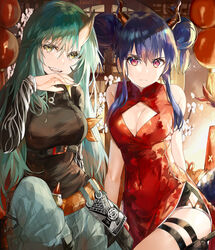  2girls absurdres alternate_costume arknights artist_name bare_arms bare_shoulders belt black_shirt blue_hair blush breasts brown_eyes ch&#039;en_(ageless_afterglow)_(arknights) ch&#039;en_(arknights) china_dress chinese_clothes cleavage cleavage_cutout closed_mouth clothing_cutout commentary double_bun dragon_girl dragon_horns dress fangs finger_to_mouth green_hair hair_between_eyes hair_bun highres holster horns hoshiguma_(arknights) hoshiguma_(ronin_huntress)_(arknights) kanniiepan large_breasts long_hair long_sleeves looking_at_viewer multiple_girls official_alternate_costume open_mouth orange_belt red_dress red_eyes shirt shorts sidelocks single_horn sitting skin-covered_horns sleeveless smile tail teeth thigh_strap upper_teeth_only 