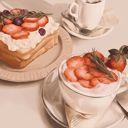  blueberry bread bread_slice cream cup disposable_coffee_cup disposable_cup drink food food_focus fruit garnish highres napkin no_humans original paper pastry plate realistic sleepypixieart spoon still_life strawberry utensil 