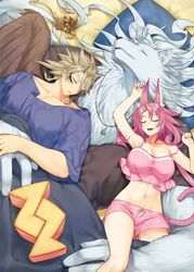  2boys absurdres alternate_costume animal_ears bird breasts commentary_request crop_top dog_tags duel_monster female fingernails furry furry_male grey_hair hand_on_another&#039;s_hand highres large_breasts light_brown_hair long_fingernails long_hair lying lying_on_person midriff multiple_boys navel non-humanoid_robot oerba_yun_fang on_back pillow pink_hair pink_shorts pink_tail robot robot_animal saliva shared_blanket shorts sleeping tail tri-brigade_ferrijit_the_barren_blossom tri-brigade_mercourier tri-brigade_rugal_the_silver_sheller tri-brigade_shuraig_the_ominous_omen vulture_(washizu0808) wings yu-gi-oh! 