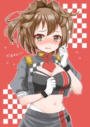  alternate_costume ascot blush breasts brown_hair checkered cleavage cocoperino female flower flying_sweatdrops gloves highres kantai_collection medium_breasts midriff navel neck_flower nose_blush open_mouth ponytail race_queen red_ascot red_flower red_rose rose sheffield_(kancolle) short_sleeves simple_background skirt solo two-tone_background white_gloves 