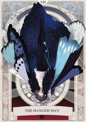  1boy ^_^ absurdres alternate_hair_color animal_print arthropod_boy black_fur black_hair black_pants butterfly_print cape capricorn_(symbol) card closed_eyes collared_shirt commentary_request crown diamond_hairband fate/grand_order fate_(series) full_body fur_collar fur_trim hand_up highres insect_wings leo_(symbol) long_sleeves male_focus medium_hair ninjin_(ne_f_g_o) oberon_(fate) oberon_(third_ascension)_(fate) official_alternate_costume open_mouth pants sagittarius_(symbol) scorpio_(symbol) shirt smile solo spoilers starry_sky_print tarot tarot_(medium) tassel text_background the_hanged_man_(tarot) upside-down virgo_(symbol) white_shirt wing_cape wings zodiac_wheel 