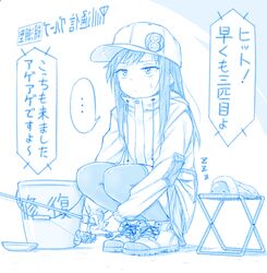  ... abyssal_ship alternate_costume asashio_(kancolle) blue_theme bucket closed_mouth commentary female fishing_rod gotou_hisashi hat holding holding_fishing_rod i-class_destroyer kantai_collection kuchiku_i-kyuu long_hair long_sleeves monochrome repair_bucket shoes speech_bubble spoken_ellipsis thighhighs translated zzz 